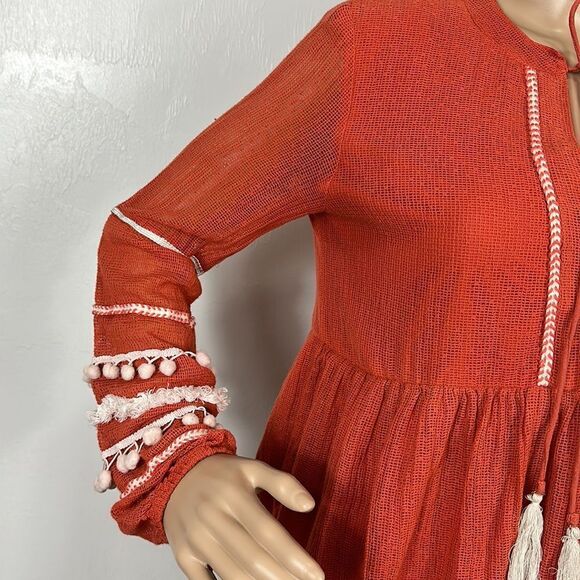 Cute Options Cotton Boho Peasant Tassel Ties Long Sleeve Top Blouse Size S - Picture 2 of 8
